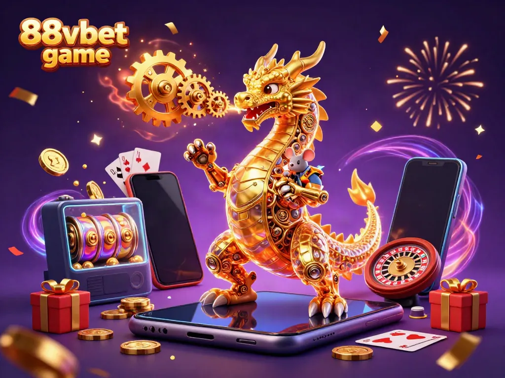 Experience exciting wins at 88vbet game with a magical scene featuring a dragon, coins, and slot games.