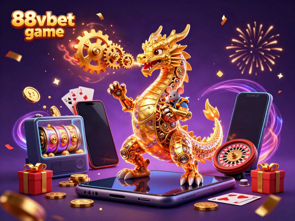 Experience exciting wins at 88vbet game with a magical scene featuring a dragon, coins, and slot games.