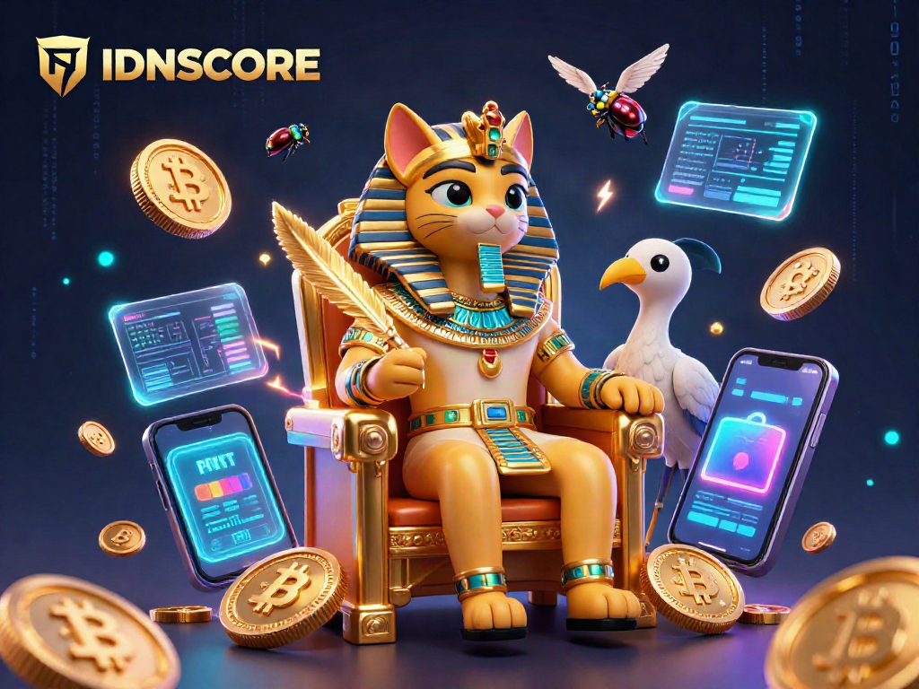 Engage with IDNSCORE’s vibrant casino scene featuring Egyptian pharaoh cat and crypto elements.