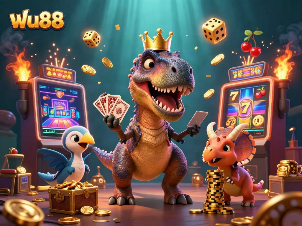 Experience vibrant casino action with ฟัน88 as playful characters shuffle cards and stack chips in a dynamic illustration.