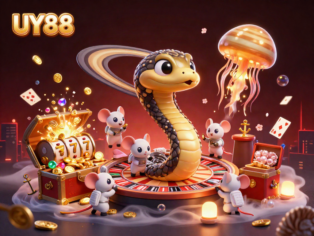 Experience thrilling gameplay at UY88 with a vibrant 3D cosmic casino scene featuring bets on Saturn's rings.