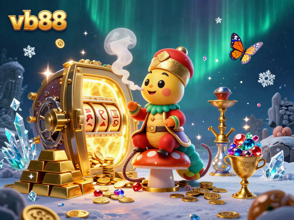 Engage with VB88, showcasing a vibrant casino scene featuring a sultan caterpillar, slot symbols, and treasures.