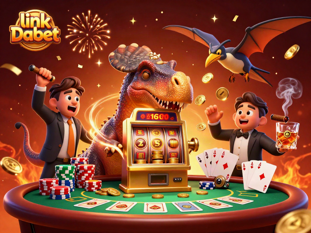 Experience win excitement with link Dabet as a dinosaur sparks jackpot on a golden slot machine!