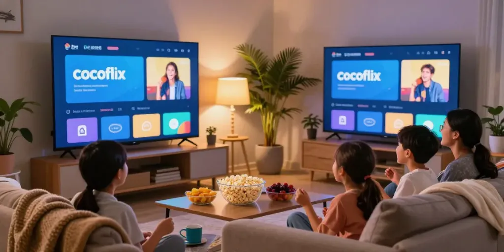 Family enjoying a movie night with Cocoflix streaming on a smart TV.