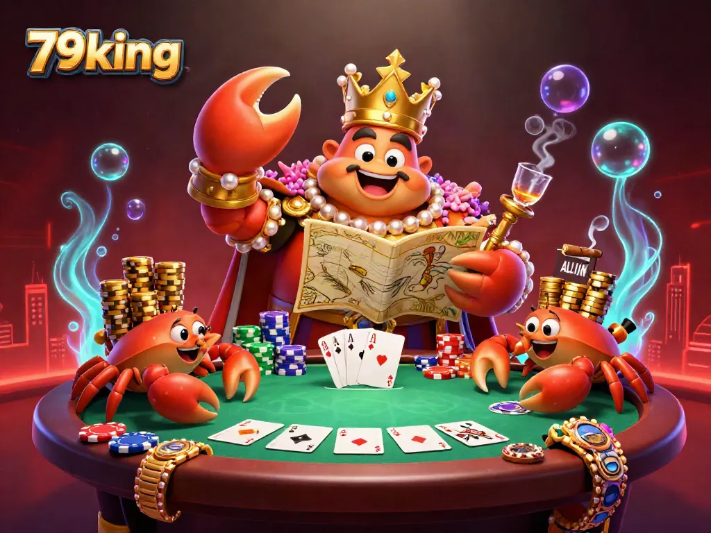Experience the excitement of 79king with a vibrant 3D casino scene featuring a golden crab emperor and poker elements.