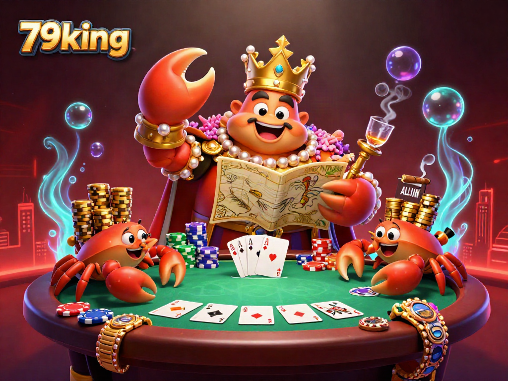 Experience the excitement of 79king with a vibrant 3D casino scene featuring a golden crab emperor and poker elements.
