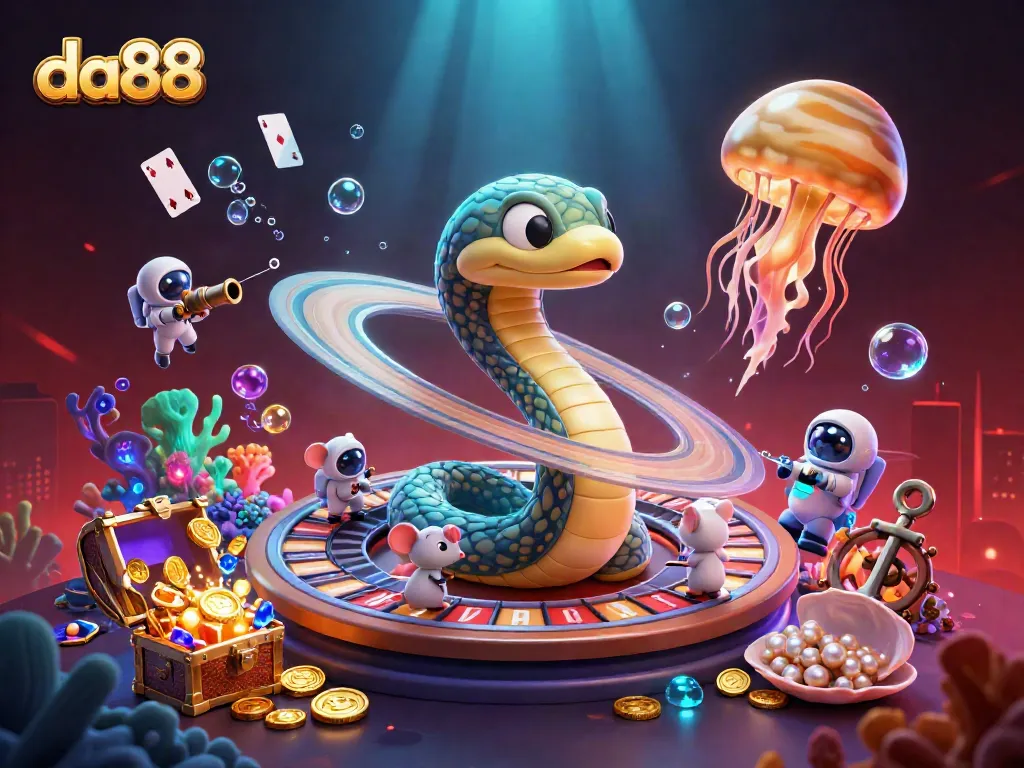 Engage in thrilling gameplay at da88, featuring astronauts betting on a roulette-themed Saturn ring in a cosmic casino setting.