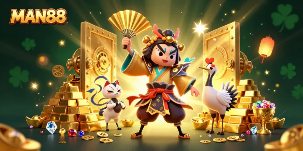 Experience thrilling wins at MAN88 with a dynamic 3D casino adventure featuring kabuki warriors and treasure!