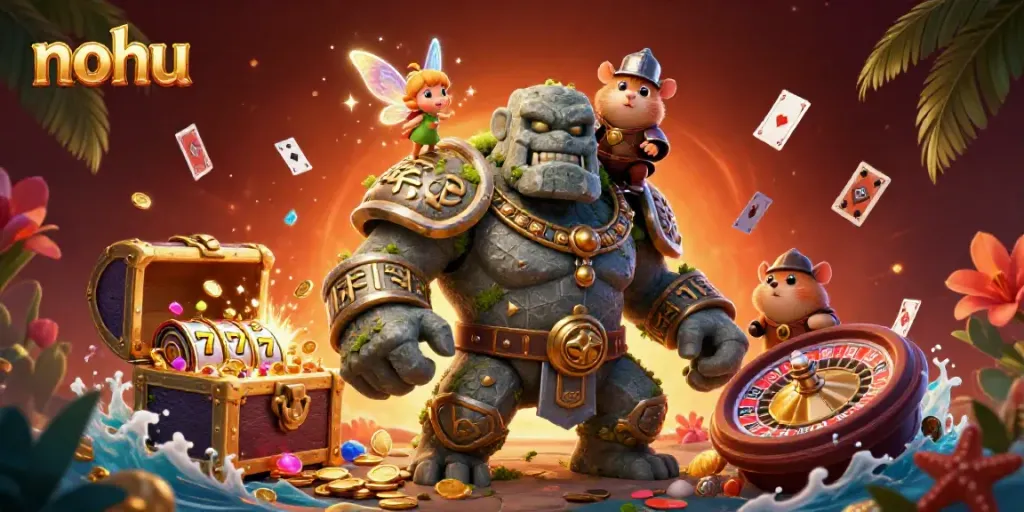 Play nohu slots with adventurous characters in a vibrant, engaging casino scene.