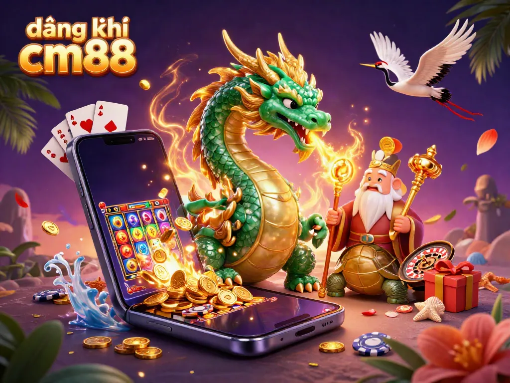 Experience the thrill of đăng ký cm88 with a vibrant 3D illustration showcasing iconic casino elements and characters.