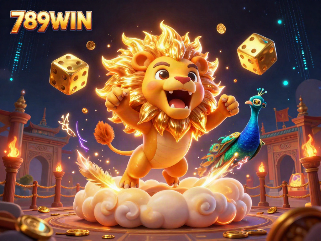 Join the excitement at 789WIN with this 3D illustration showcasing a roaring sun lion and dynamic casino elements.