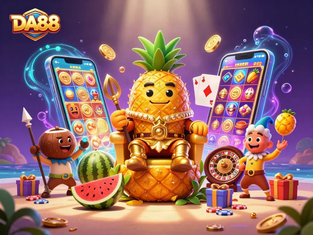Play thrilling games at DA88 with a golden pineapple king and rich casino elements in a vibrant 3D scene.