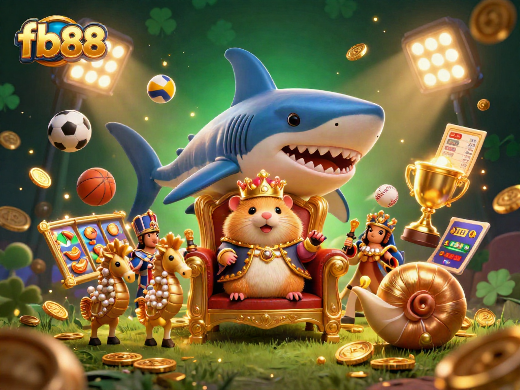 Experience thrilling gameplay at fb88 with a vibrant 3D illustration of a casino scene, featuring a golden hamster king.