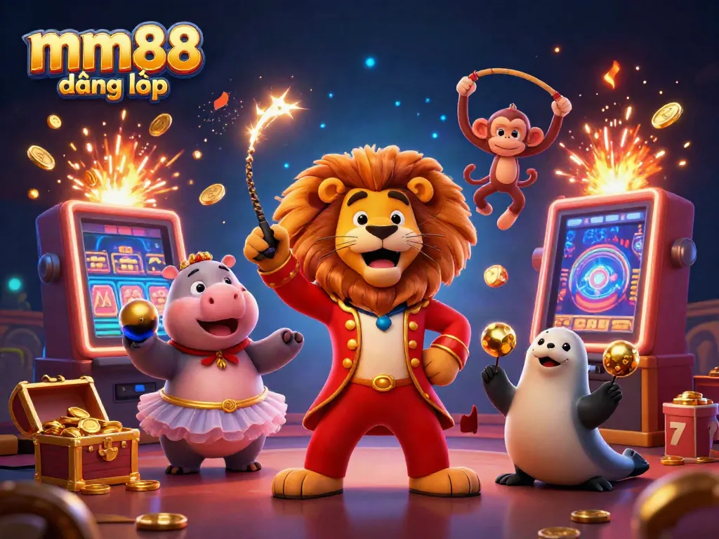 Engaging scene of a circus-themed casino with characters celebrating around a jackpot explosion focused on mm88 đăng nhập.