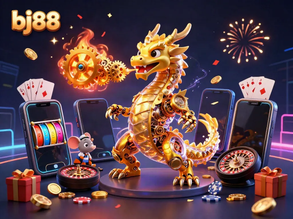 Experience thrilling gameplay at bj88 with a biomechanical dragon and golden treasures in a vibrant casino scene.