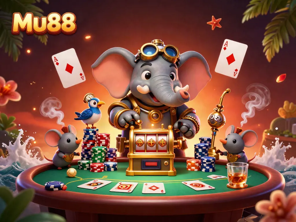 Experience exciting gaming at Mu88 with a steampunk elephant operating a golden slot machine!