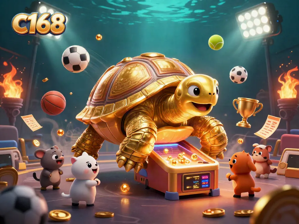 C168 players engaging with a thrilling 3D casino game, surrounded by dynamic sports elements.