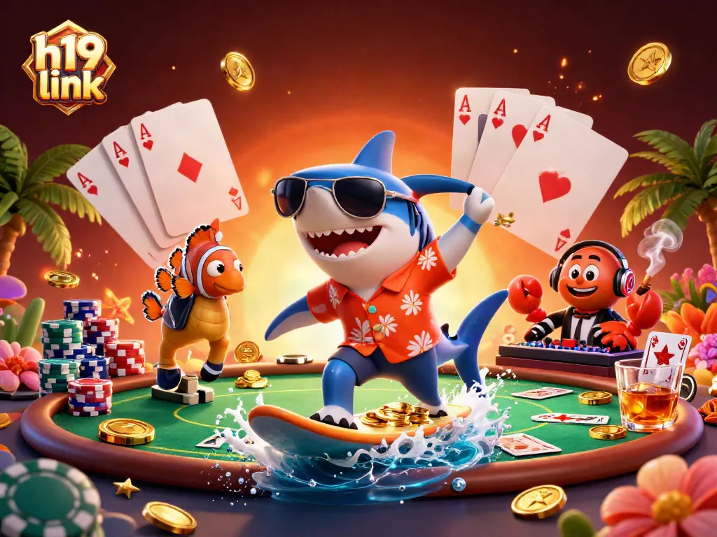 Catch the action in vibrant 3D as the h19 link features a shark surfing on golden coins amidst a lively casino scene.