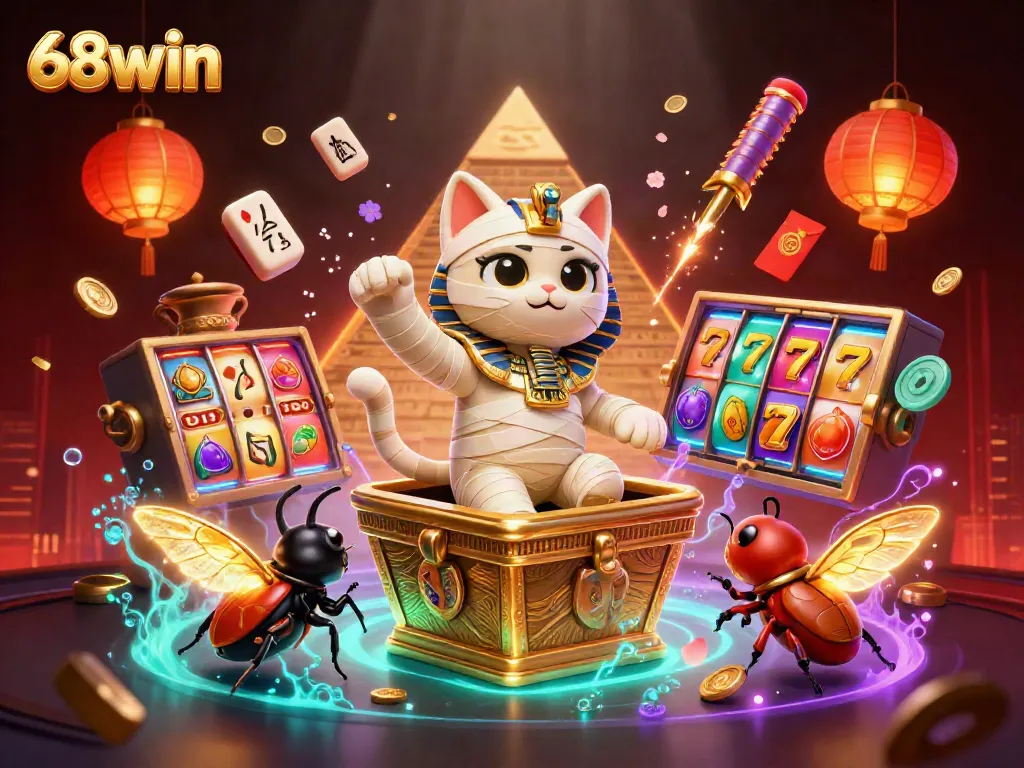 Win big with 68win in a dynamic casino scene featuring spinning slot reels and vibrant characters.