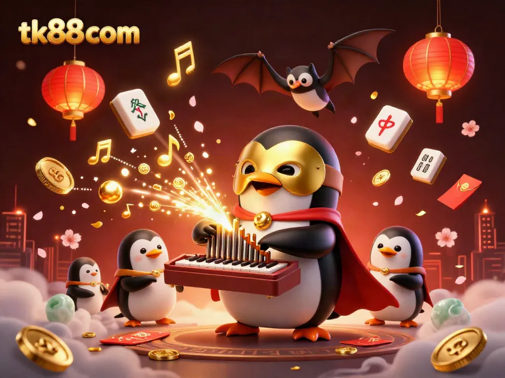 Enjoy the vibrant world of tk88 com, featuring a casino-themed penguin playing a grand organ amidst golden coins and festive decorations.