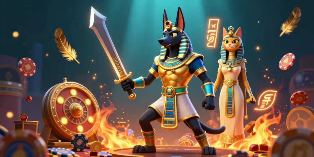 Experience thrilling gameplay at lu88, featuring ancient Egyptian warriors and engaging casino graphics.