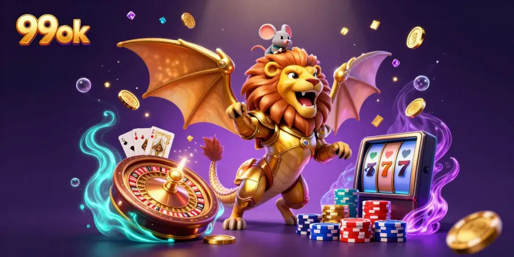 Experience the thrill of winning with 99ok's vibrant casino scene featuring golden coins and dynamic gaming elements.