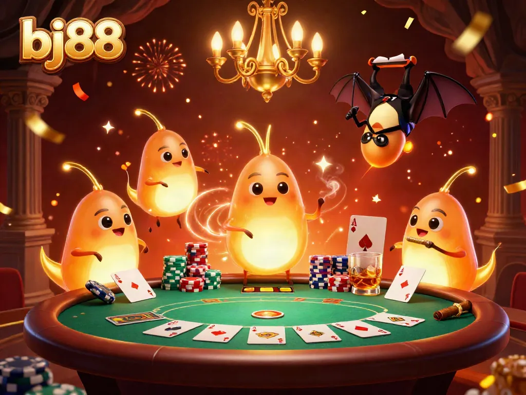 Experience the thrill of bj88 with glowworm characters lighting up a vibrant underground casino.