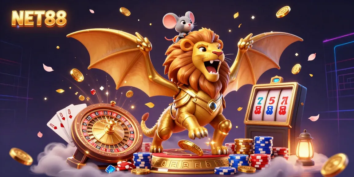 Experience the thrill of NET88 with a chimera and coins in a vibrant casino scene.