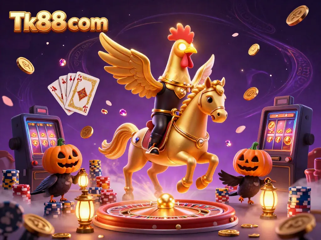 Join the festive gaming atmosphere at Tk88 com, where the adventure of a golden rooster and his friends unfolds in a vivid casino scene.