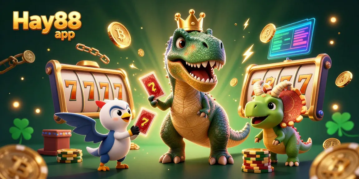 Experience exciting outcomes with the Hay88 app featuring 3D characters amidst colorful slot-themed elements.