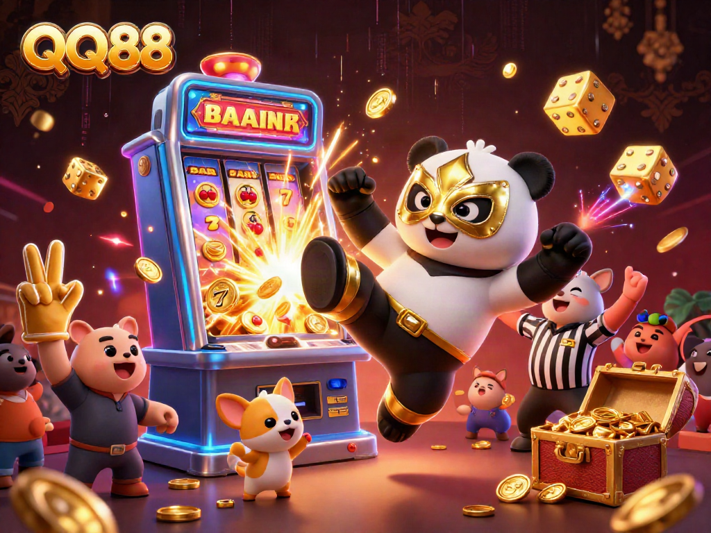 Experience thrilling gameplay at QQ88 with a dynamic scene featuring a panda wrestler amidst winning slot symbols.