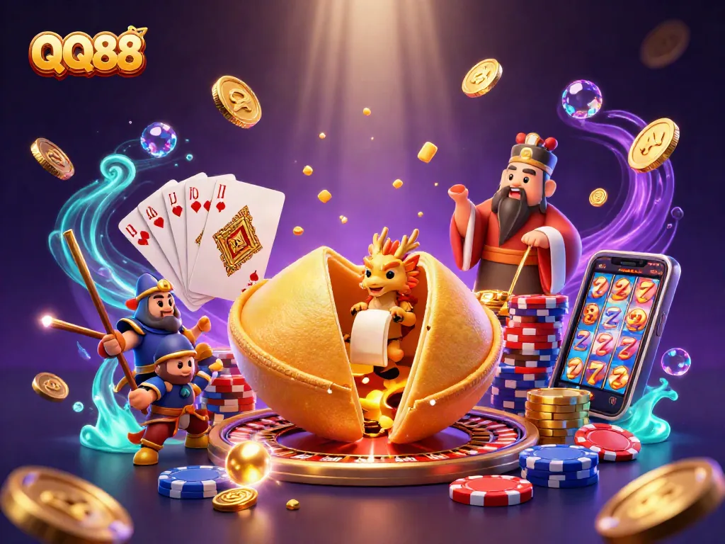 Experience the thrill of QQ88 with a vibrant 3D illustration of fortune cookies, dragons, and golden treasures.