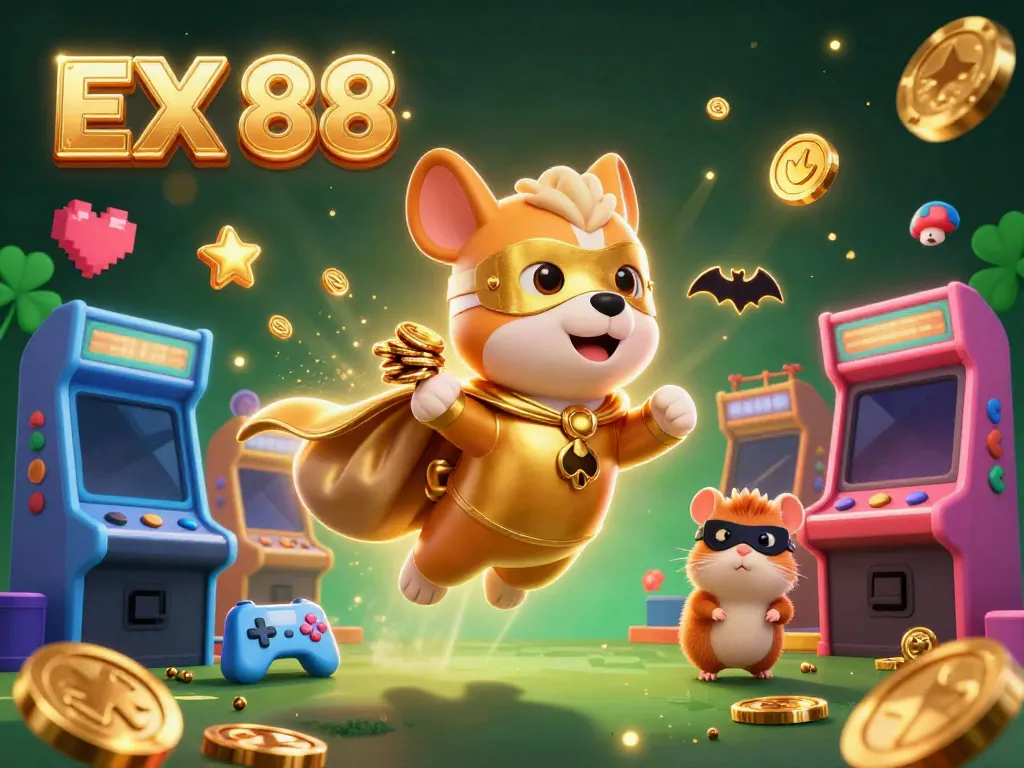 Experience the thrill of EX 88 with a superhero dog flying among dazzling casino-themed elements.