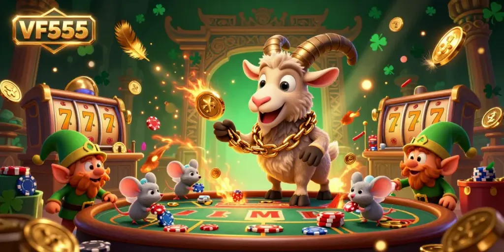 Experience exciting gameplay at VF555's casino with cartoon characters in a colorful scene.