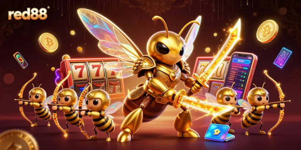 Engage with red88 as a dynamic illustration showcases a golden hornet in samurai armor and bee archers in a vibrant casino scene.