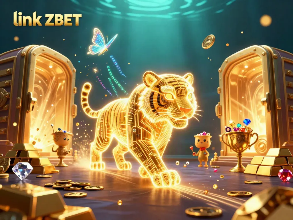 Engage in thrilling games at link ZBET, featuring a neon-wireframe tiger in a dynamic casino scene.