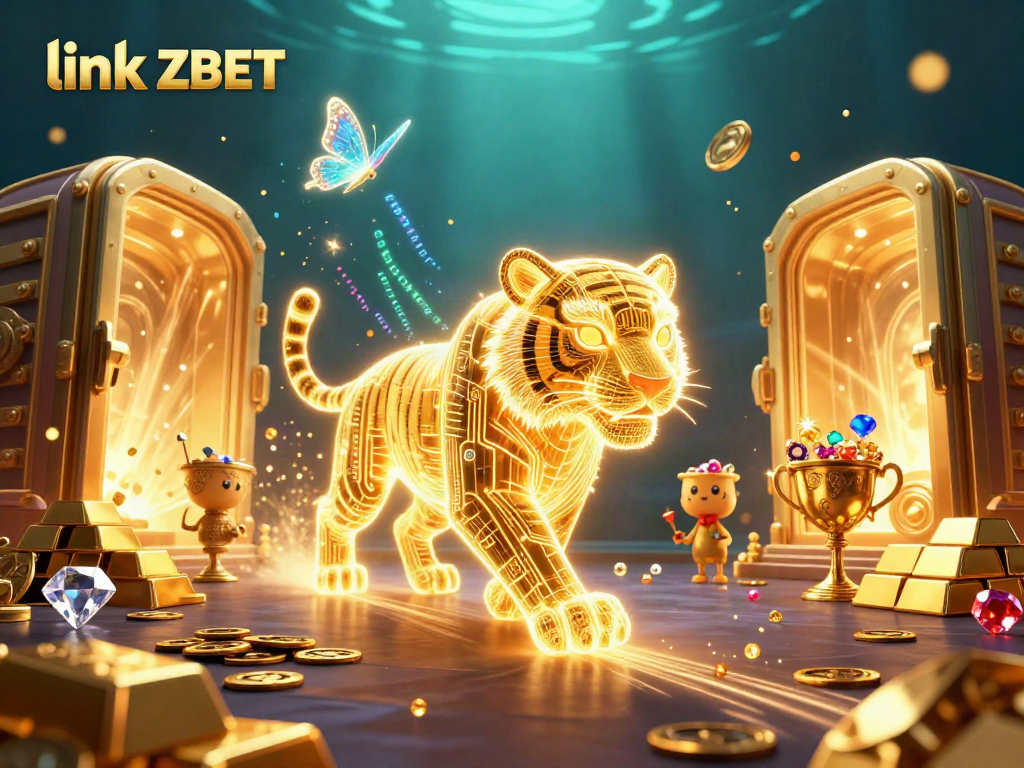 Engage in thrilling games at link ZBET, featuring a neon-wireframe tiger in a dynamic casino scene.