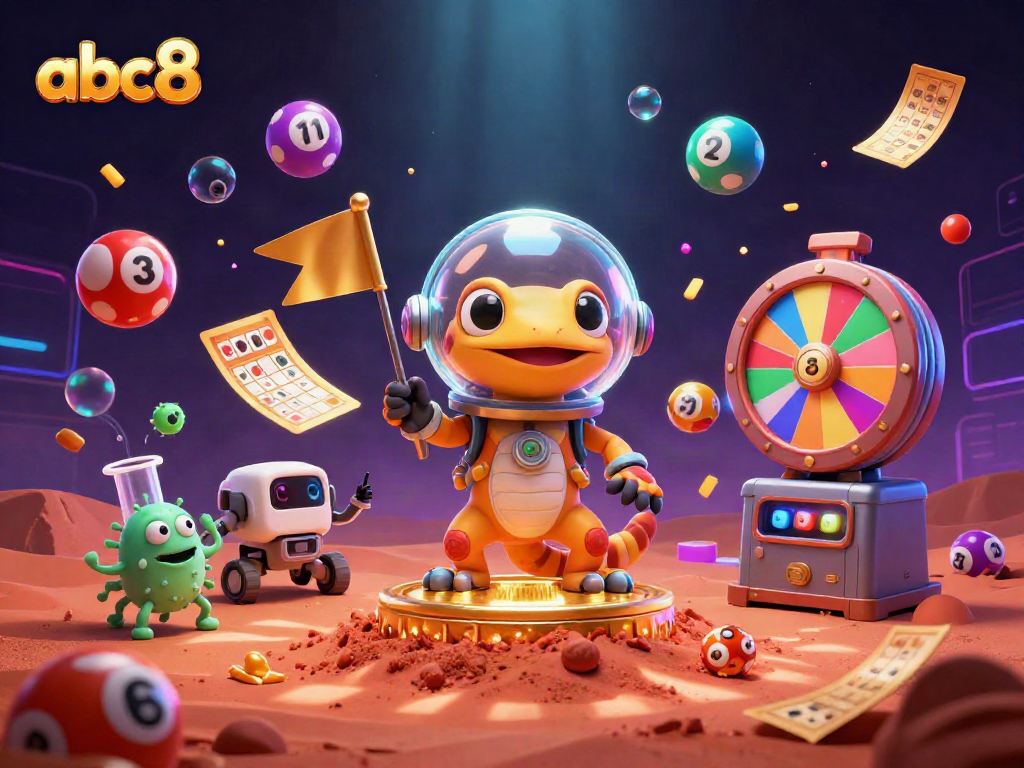 Engage in exhilarating gambling with the abc8 Martian gecko discovering a golden casino amidst vibrant elements.