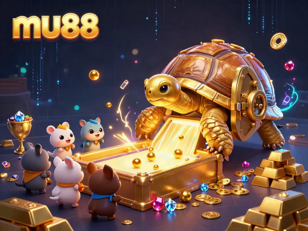 Experience the thrill of mu88 gaming with a vibrant 3D illustration of a golden tortoise pinball machine bursting with treasures.