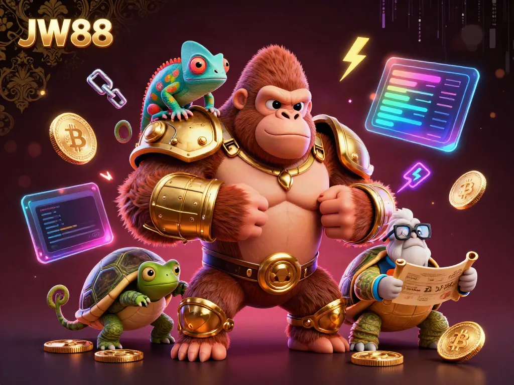 Experience the thrill of JW88 with a powerful gorilla king and dynamic crypto elements in a vibrant casino scene.