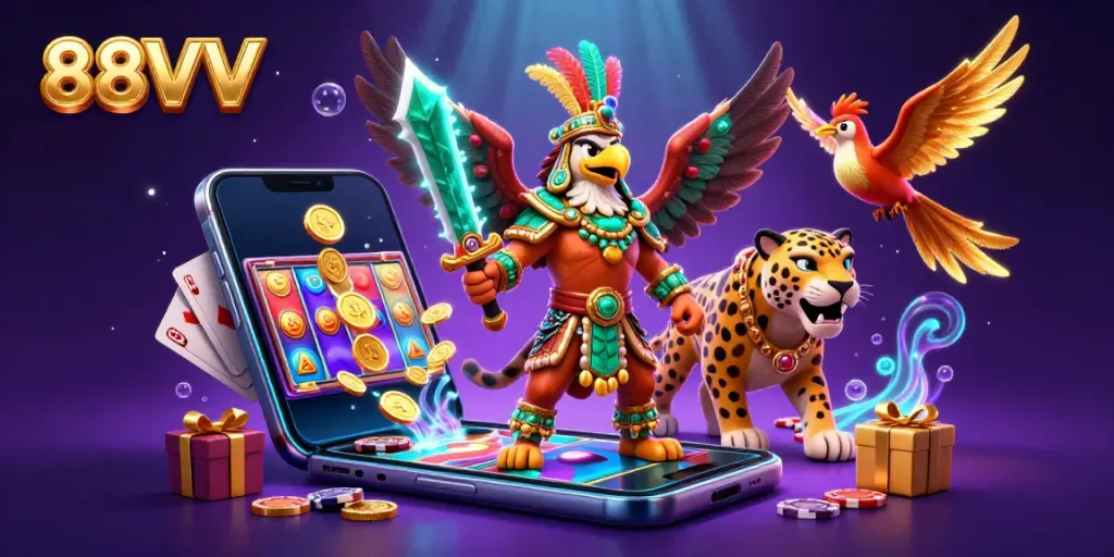 Experience thrilling slots with 88VV in a vibrant 3D cartoon scene featuring an Aztec warrior and gaming elements.