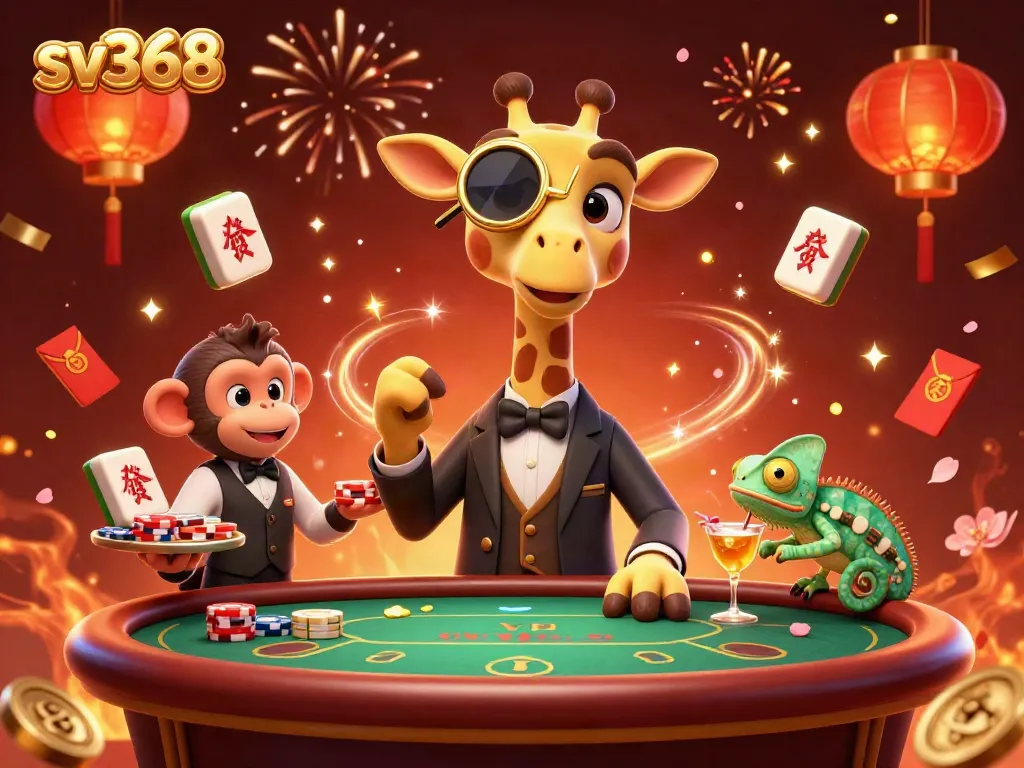 Experience exhilarating gaming at sv368 with a vibrant party scene featuring a giraffe and chameleon.