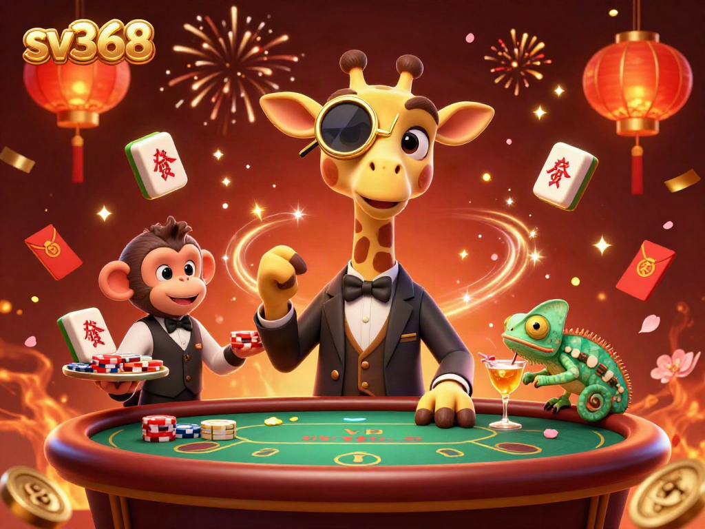 Experience exhilarating gaming at sv368 with a vibrant party scene featuring a giraffe and chameleon.