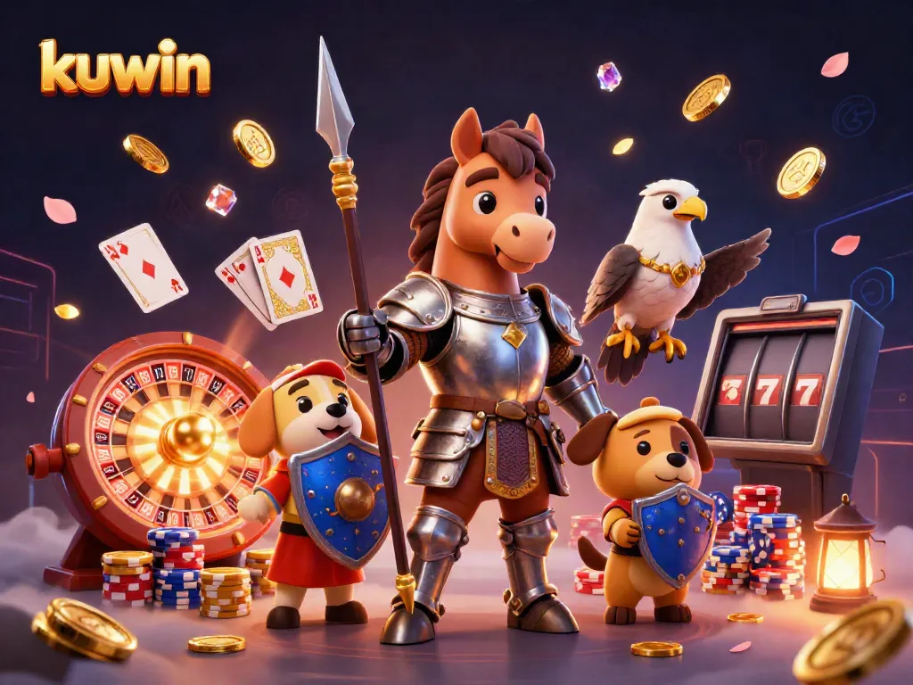Experience winning spins at Kuwin with a knight, puppy, and falcon in an enchanting casino scene.