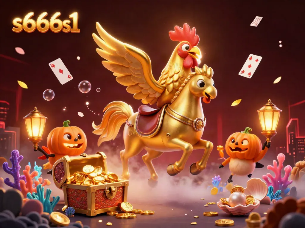 Experience the excitement of s666s1 with a golden rooster in a lively casino setting, surrounded by vibrant gaming elements.