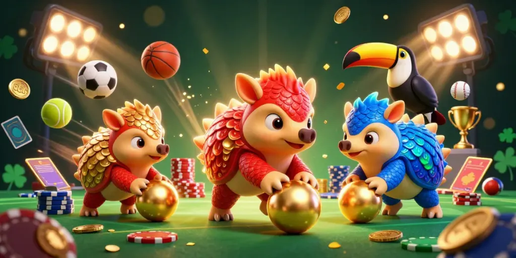 S666 casino illustration with rival pangolins competing among golden poker chips, embodying thrilling betting action.