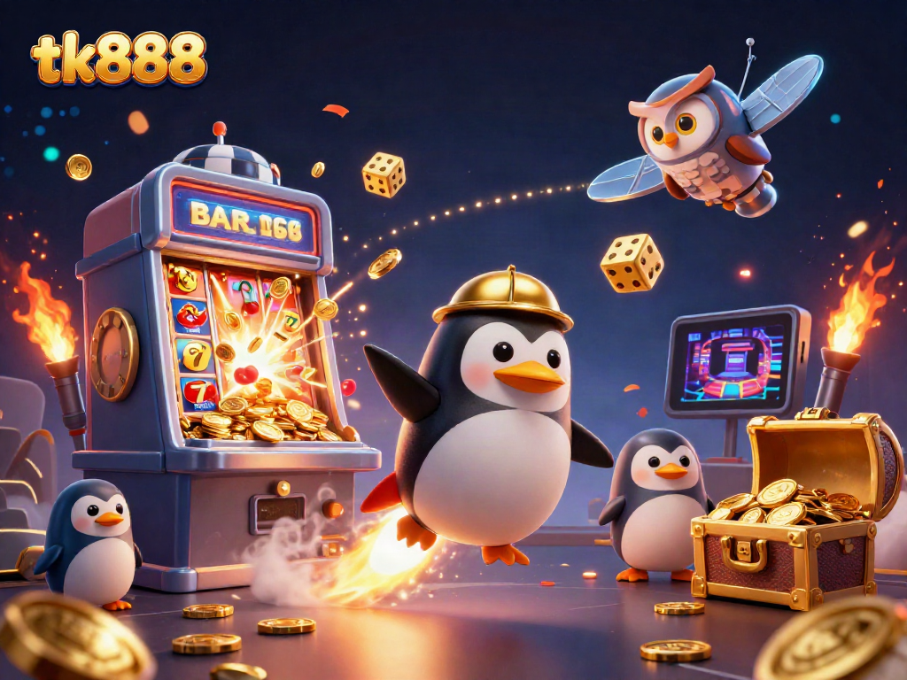 Experience the thrill of tk888 with a golden penguin and a slot machine in a vibrant casino scene.
