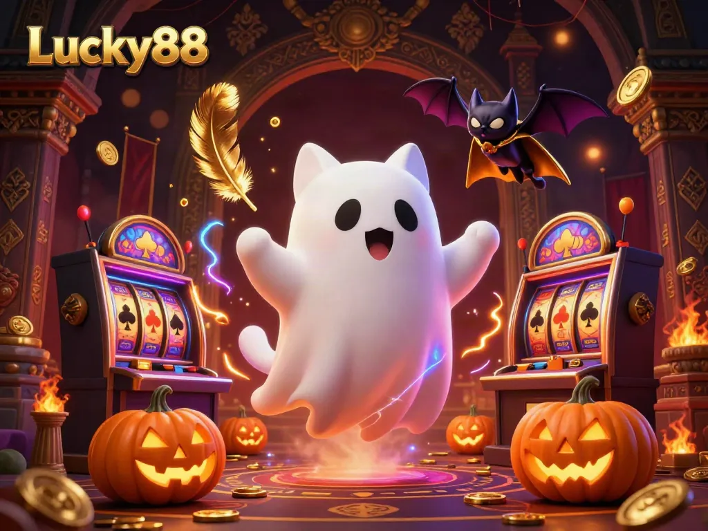 Engage with Lucky88 in a vibrant casino adventure featuring a ghost cat, glowing pumpkins, and dynamic game elements.