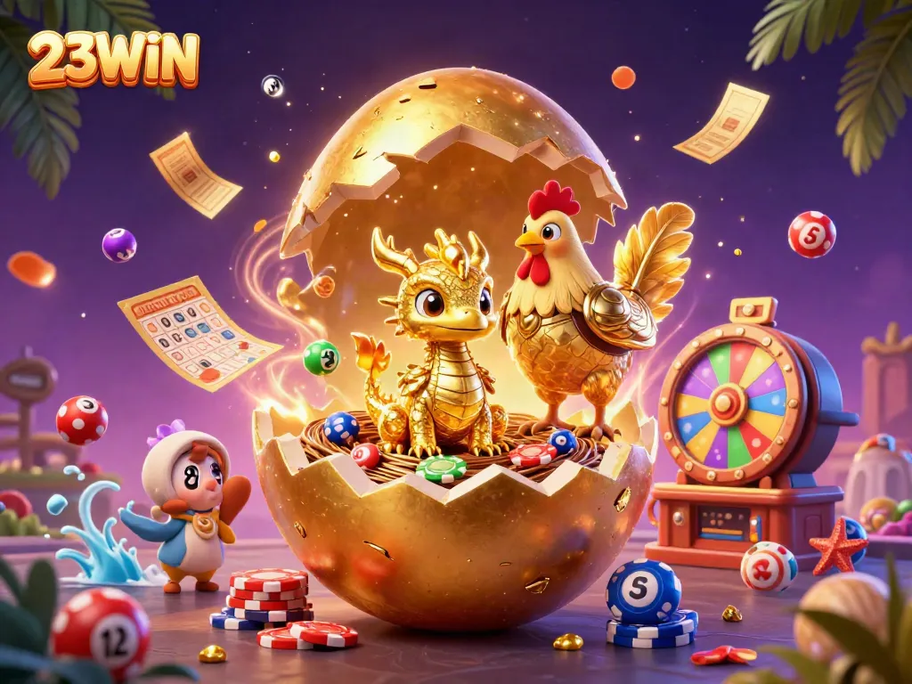 Experience the thrilling world of 23WIN with a stunning golden dragon and vibrant casino elements.