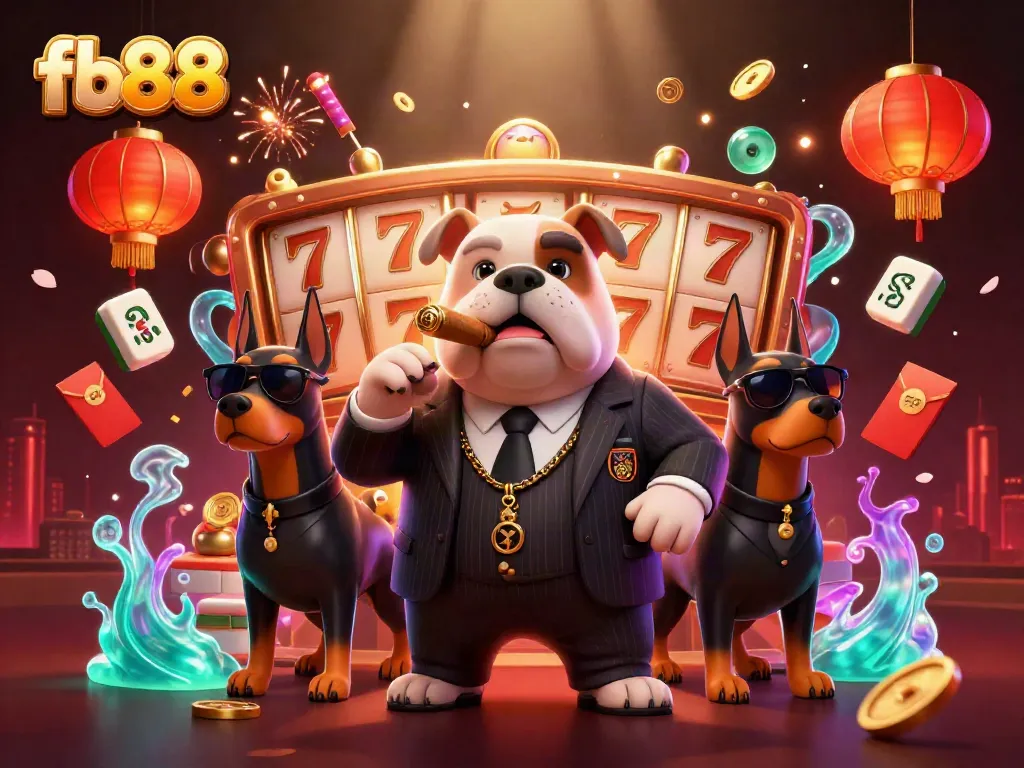 Win big with fb88 in this thrilling casino scene featuring a mafia bulldog and Doberman bodyguards.